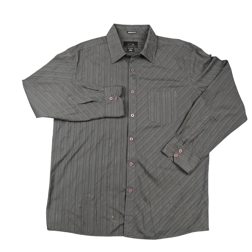 Oakley Shirt Mens‎ XL Gray Stripe Long Sleeve Button Up Graphic Back Casual